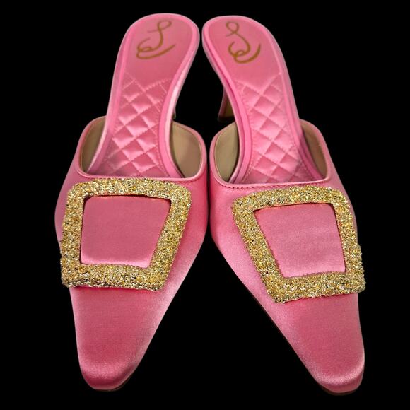 Sam Edelman Brit Satin Mule Pink Pointy Embellished Buckle Quilted Kitten Heel 8 - Picture 15 of 15